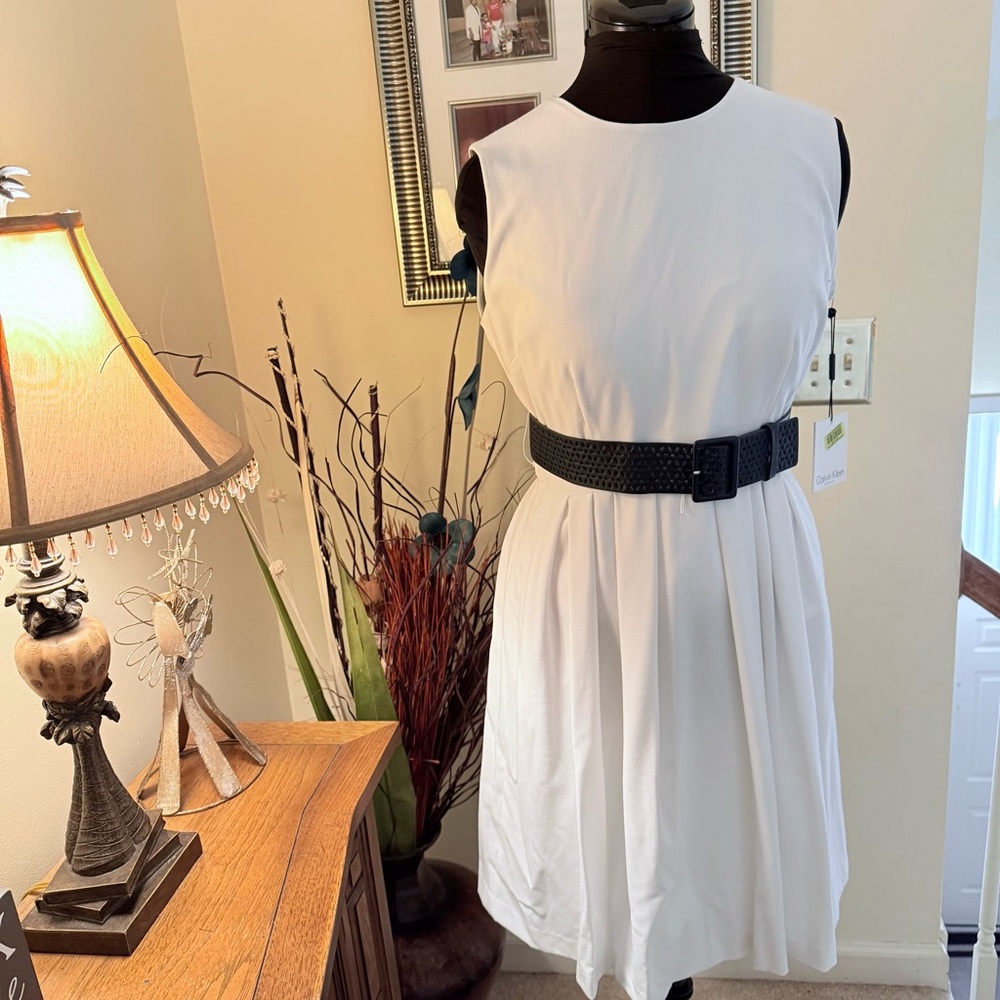 Calvin Klein White Sleeveless Pleated Midi Dress with Black Belt - Picture 13 of 15